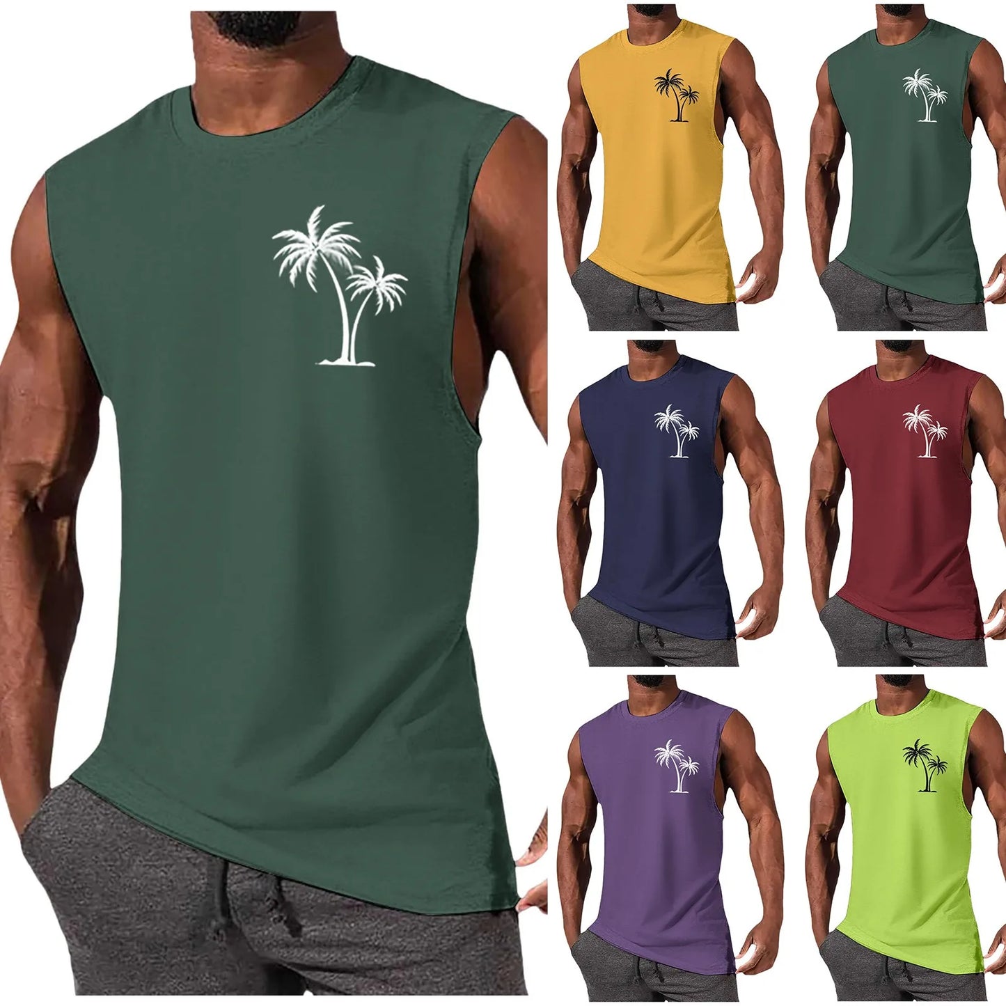 Hawaiian Beach Men's Vest Summer Coconut Tree Pattern Print Men's Vacation Tank Tops Mens Holiday Wear Fashion Sleeveless Shirt