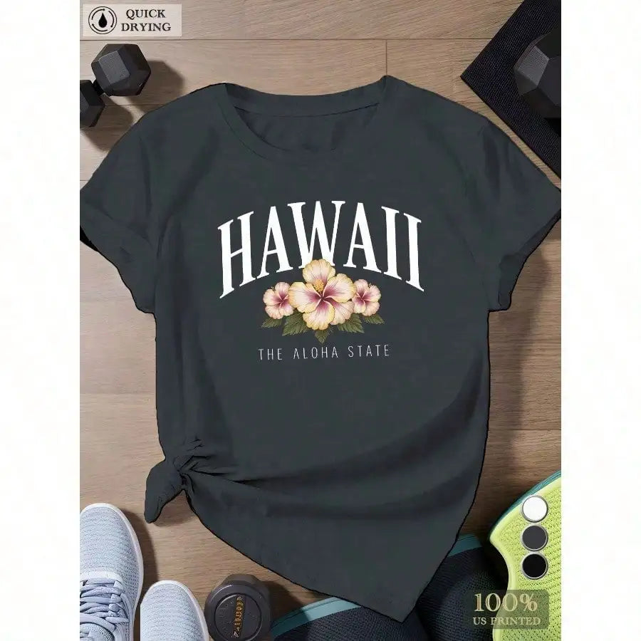 Hawaiian Hibiscus Tee | Plus Size Moisture-Wicking Crew Neck – Quick-Dry Athletic Top for Yoga & Beach Days, Pink & White