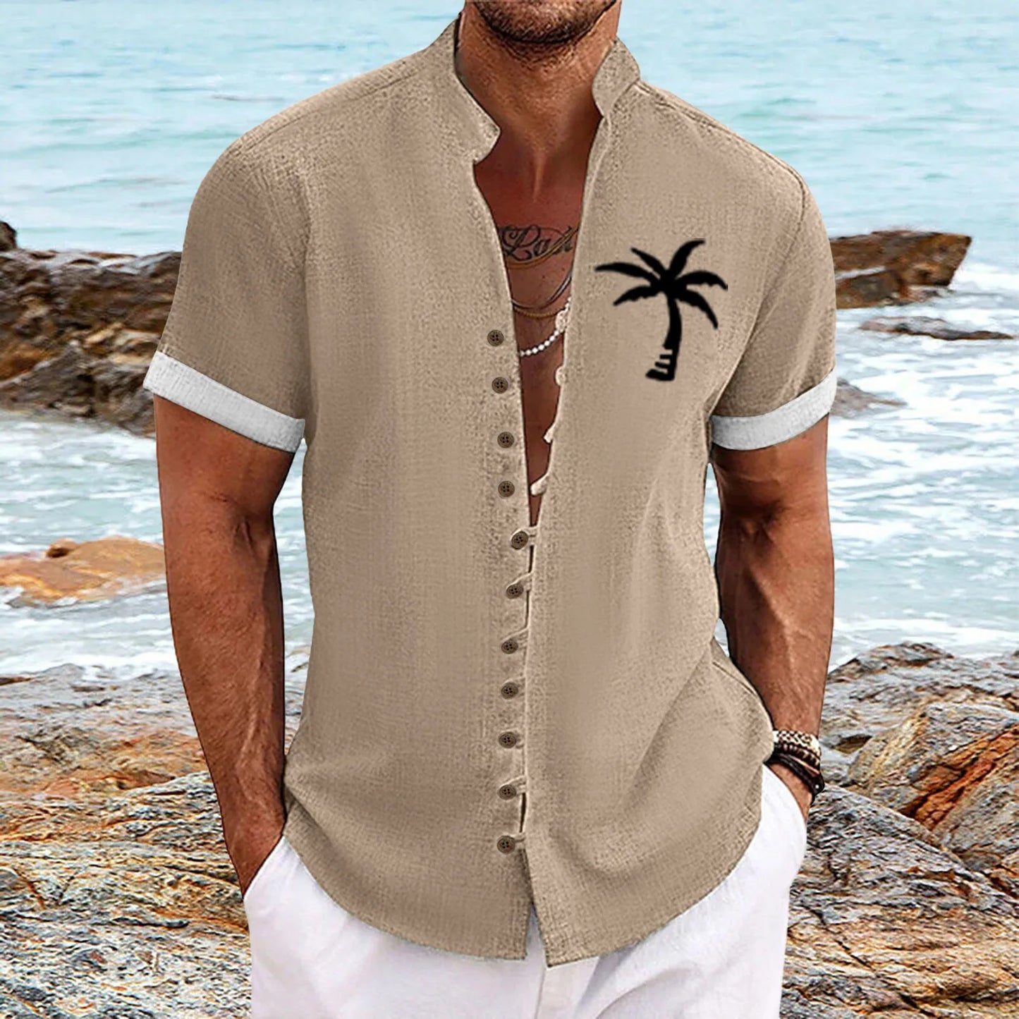 2025 Summer New Hawaiian Men'S Shirt 3d Printed Coconut Tree Breathable Four Sided Elastic Short Sleeve Shirt Retro Button Top