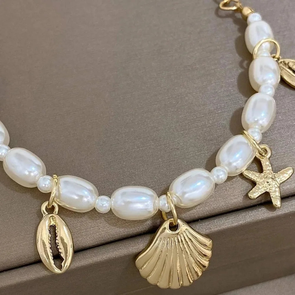 Shell Ankle Bracelet Set for Women, Gold Boho Bead Adjustable Anklet, Hawaiian Beach Seashell Pearl Heart Starfish Conch Foot
