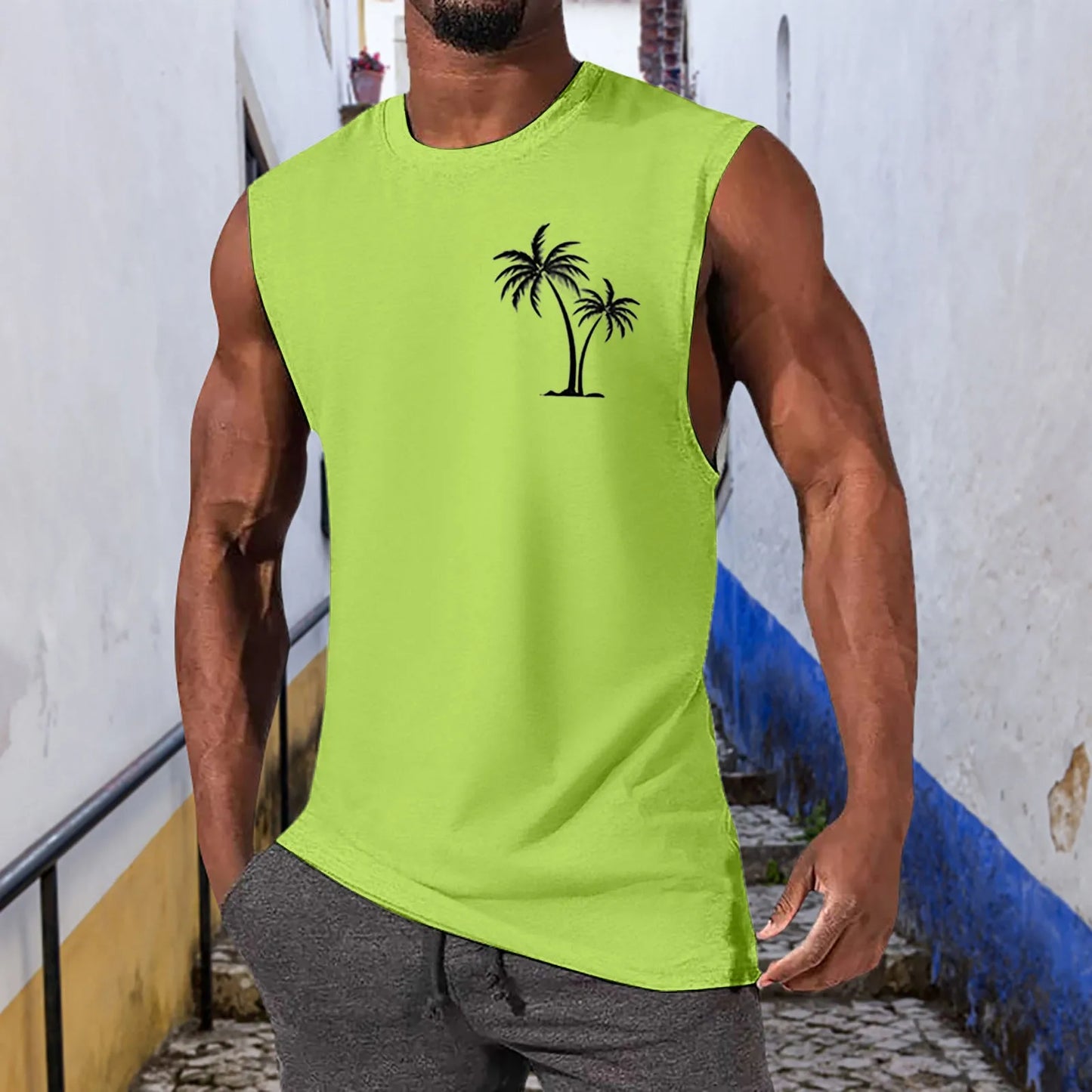Hawaiian Beach Men's Vest Summer Coconut Tree Pattern Print Men's Vacation Tank Tops Mens Holiday Wear Fashion Sleeveless Shirt
