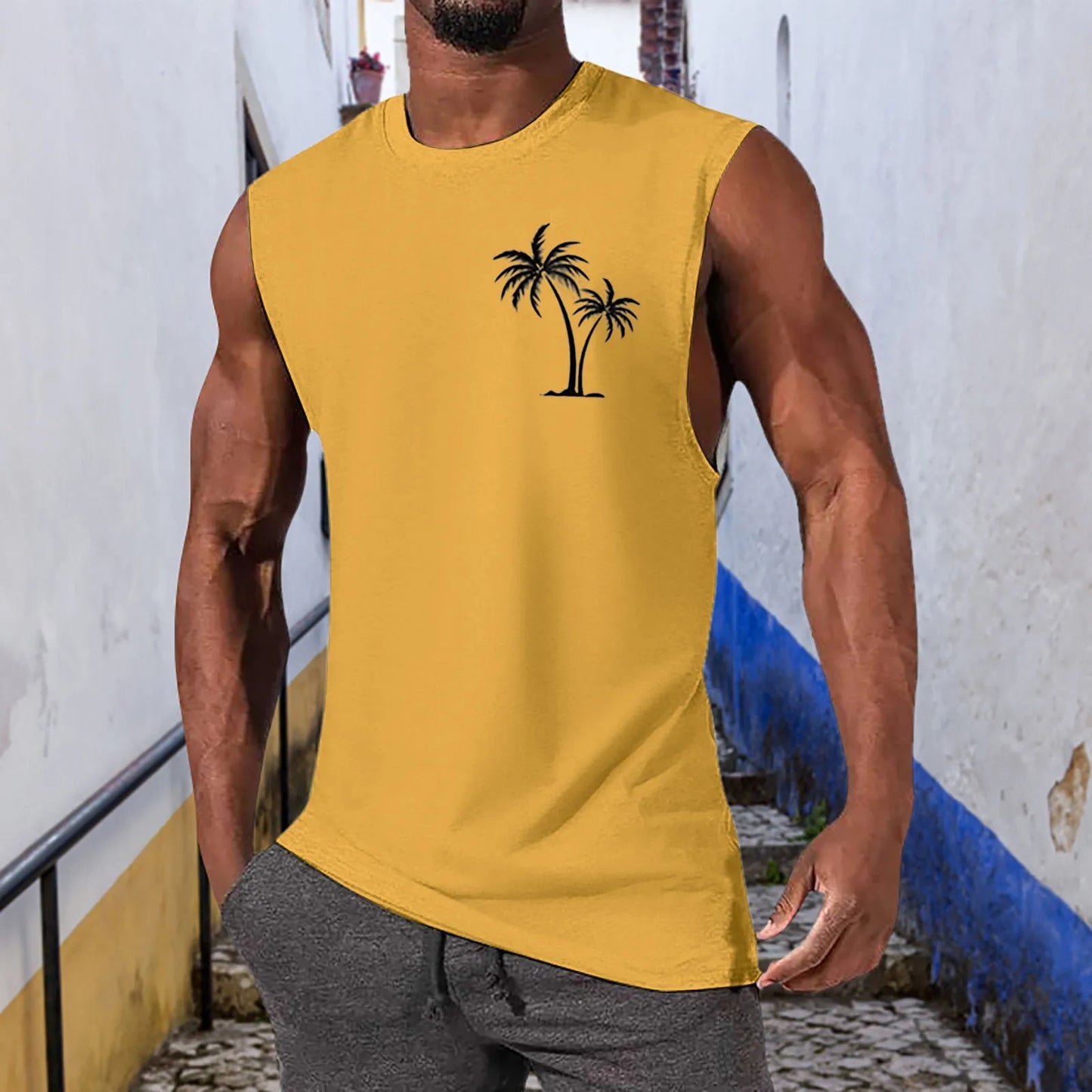 Hawaiian Beach Men's Vest Summer Coconut Tree Pattern Print Men's Vacation Tank Tops Mens Holiday Wear Fashion Sleeveless Shirt