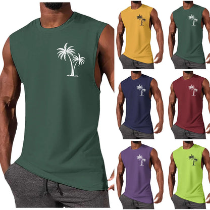 Hawaiian Beach Men's Vest Summer Coconut Tree Pattern Print Men's Vacation Tank Tops Mens Holiday Wear Fashion Sleeveless Shirt