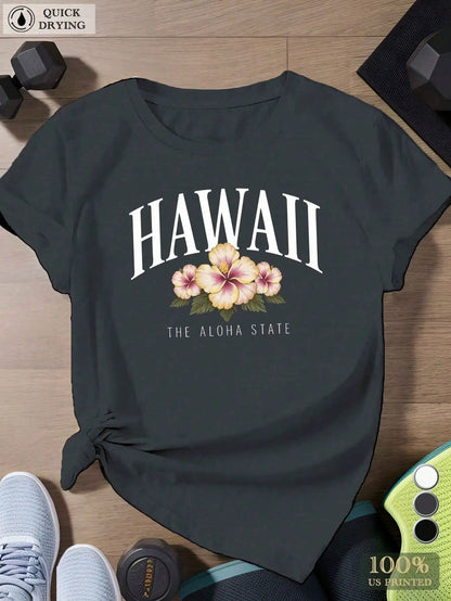 Hawaiian Hibiscus Tee | Plus Size Moisture-Wicking Crew Neck – Quick-Dry Athletic Top for Yoga & Beach Days, Pink & White