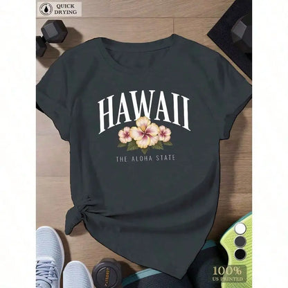 Hawaiian Hibiscus Tee | Plus Size Moisture-Wicking Crew Neck – Quick-Dry Athletic Top for Yoga & Beach Days, Pink & White