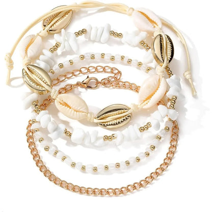 Shell Ankle Bracelet Set for Women, Gold Boho Bead Adjustable Anklet, Hawaiian Beach Seashell Pearl Heart Starfish Conch Foot