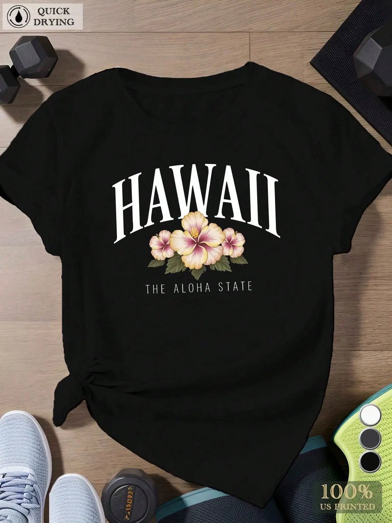 Hawaiian Hibiscus Tee | Plus Size Moisture-Wicking Crew Neck – Quick-Dry Athletic Top for Yoga & Beach Days, Pink & White