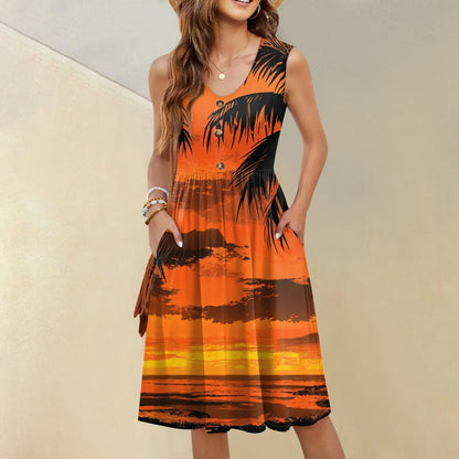 2025 Hawaiian Women's Dresses Cocoanut Tree Print Midi Dresses Vacation Female Sleeveless Dress Fashion Summer V-neck Vestidos