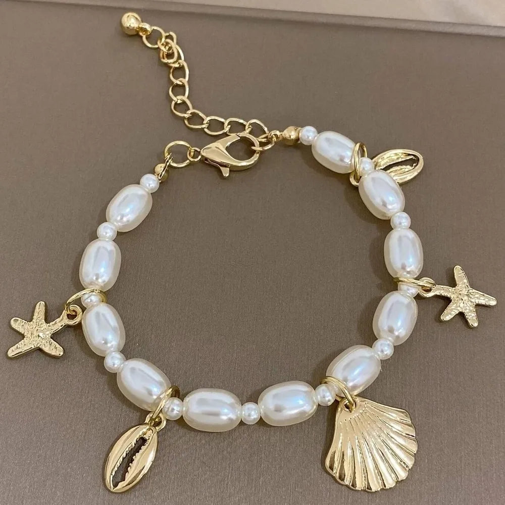 Shell Ankle Bracelet Set for Women, Gold Boho Bead Adjustable Anklet, Hawaiian Beach Seashell Pearl Heart Starfish Conch Foot