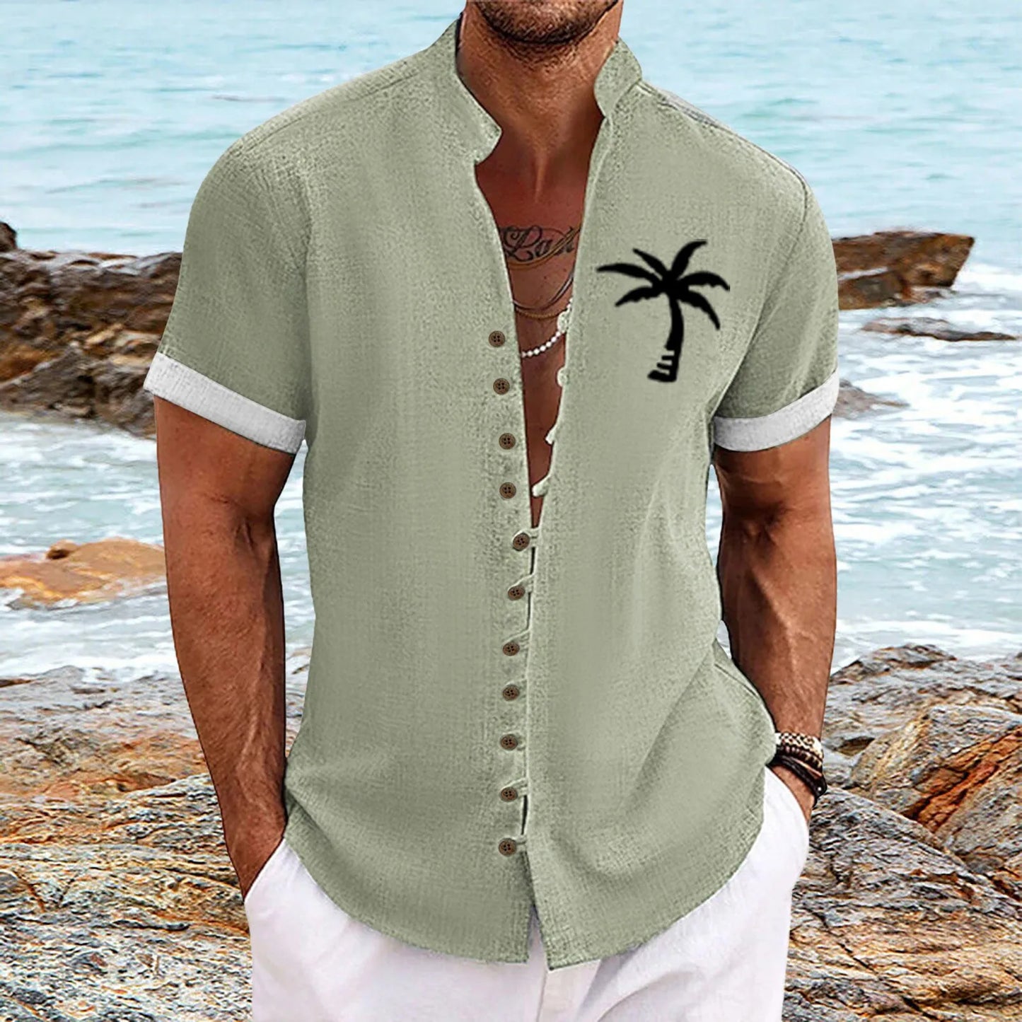 2025 Summer New Hawaiian Men'S Shirt 3d Printed Coconut Tree Breathable Four Sided Elastic Short Sleeve Shirt Retro Button Top