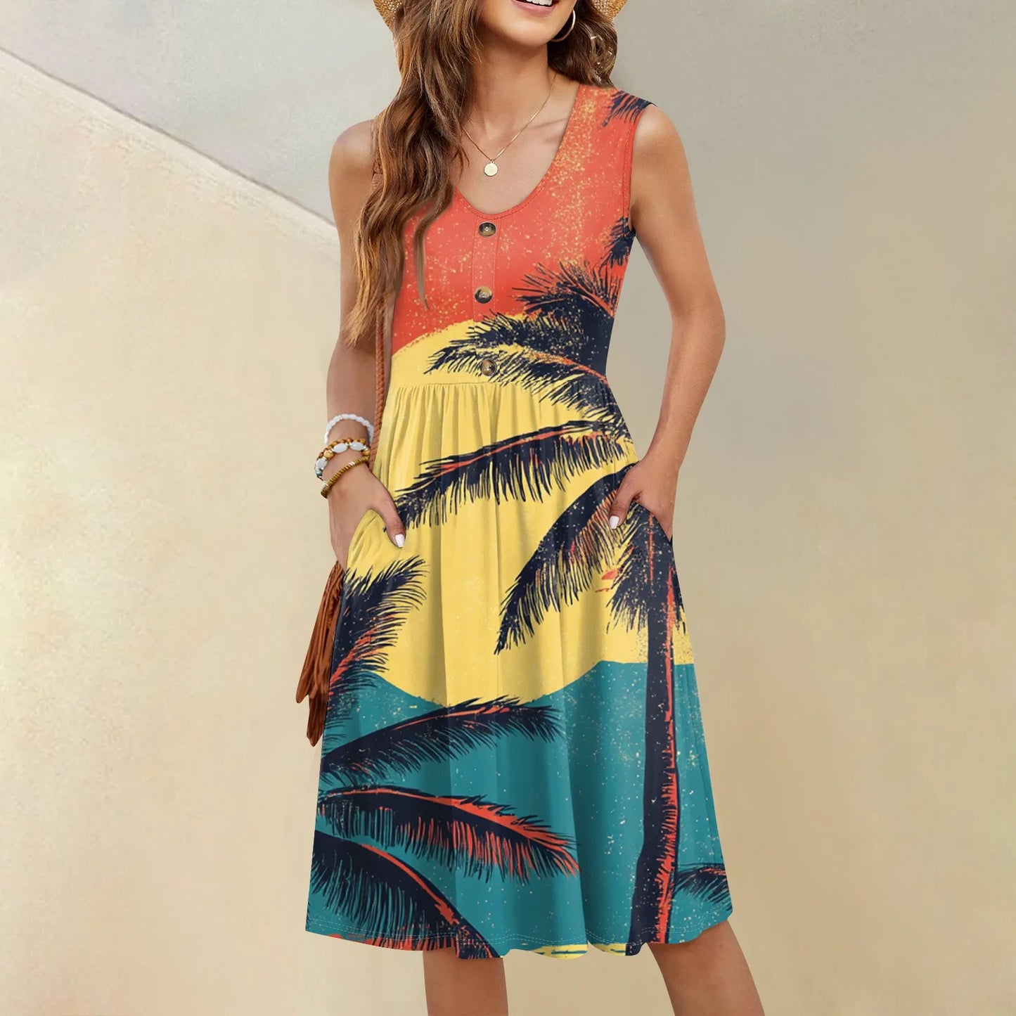 2025 Hawaiian Women's Dresses Cocoanut Tree Print Midi Dresses Vacation Female Sleeveless Dress Fashion Summer V-neck Vestidos