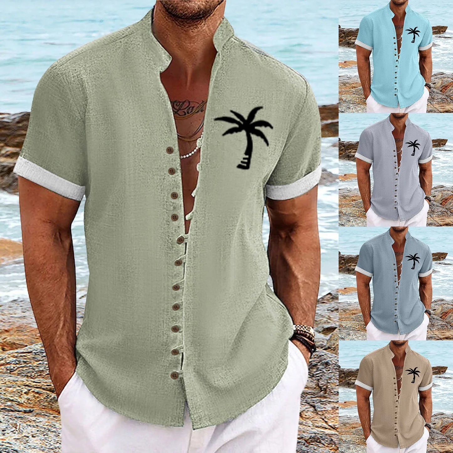 2025 Summer New Hawaiian Men'S Shirt 3d Printed Coconut Tree Breathable Four Sided Elastic Short Sleeve Shirt Retro Button Top