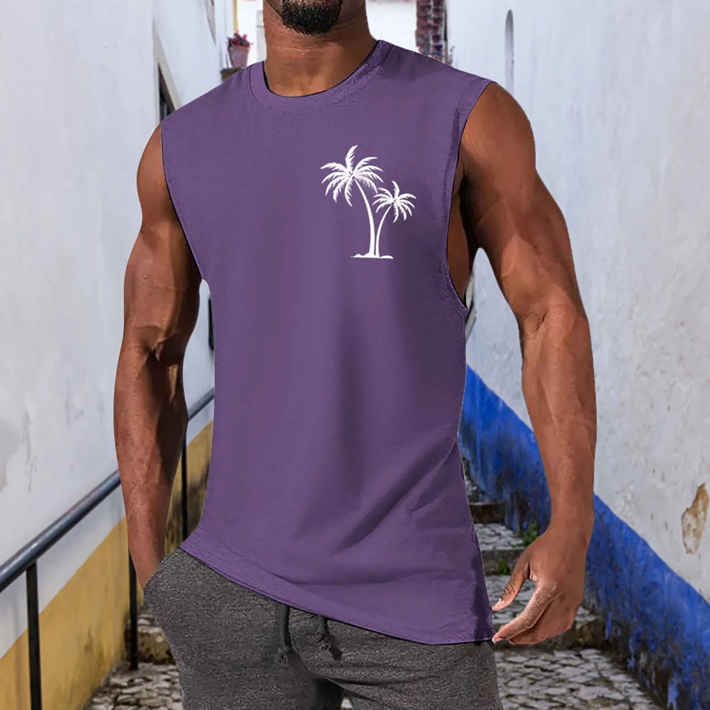 Hawaiian Beach Men's Vest Summer Coconut Tree Pattern Print Men's Vacation Tank Tops Mens Holiday Wear Fashion Sleeveless Shirt