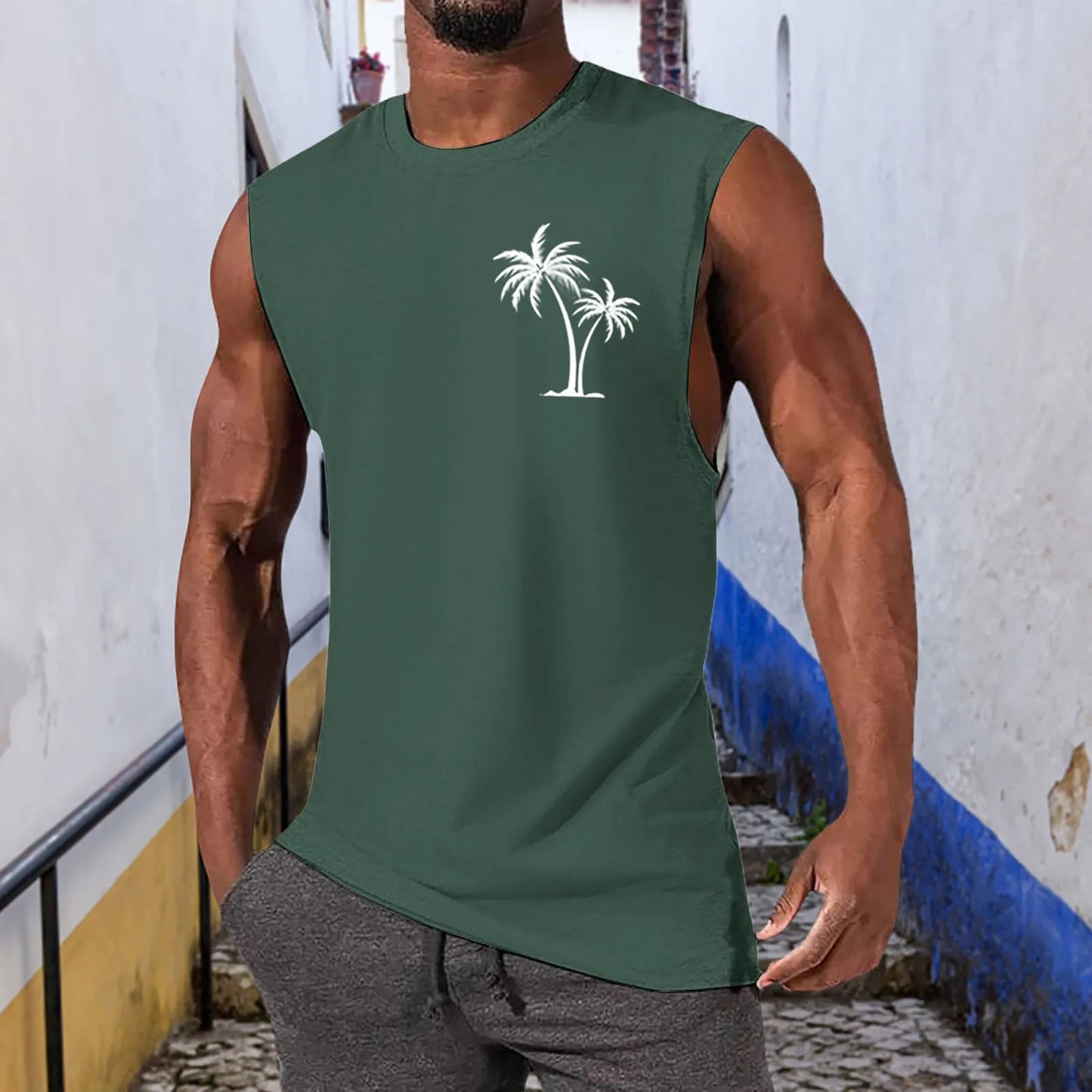 Hawaiian Beach Men's Vest Summer Coconut Tree Pattern Print Men's Vacation Tank Tops Mens Holiday Wear Fashion Sleeveless Shirt