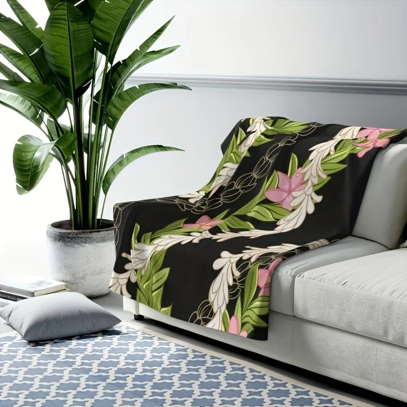 Hawaiian Plumeria Garland Floral Blanket - Flat Velvet, Hawaiian Throw, Soft Floral Blanket, Hawaiian Series