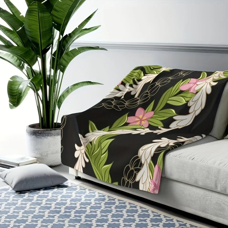 Hawaiian Plumeria Garland Floral Blanket - Flat Velvet, Hawaiian Throw, Soft Floral Blanket, Hawaiian Series