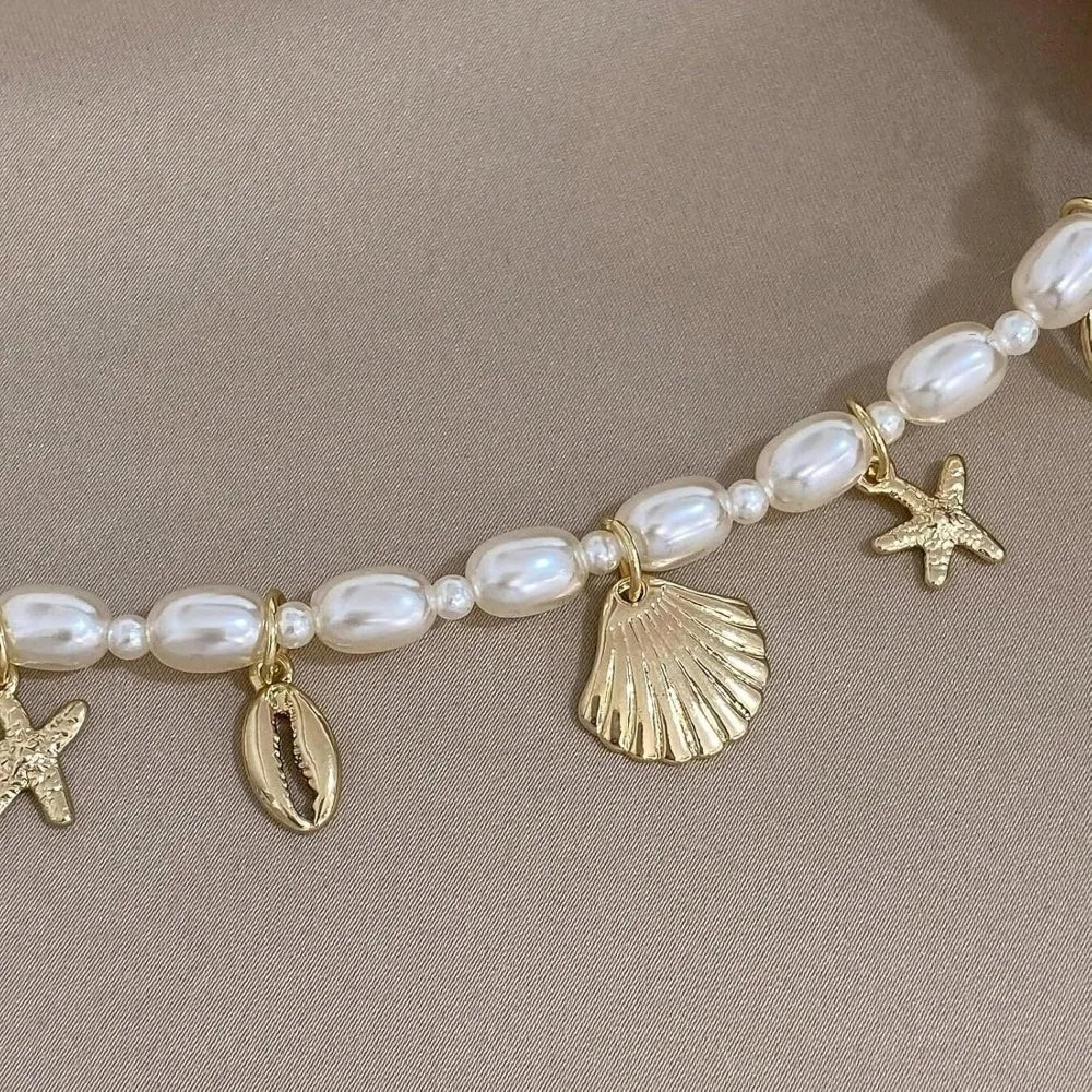Shell Ankle Bracelet Set for Women, Gold Boho Bead Adjustable Anklet, Hawaiian Beach Seashell Pearl Heart Starfish Conch Foot
