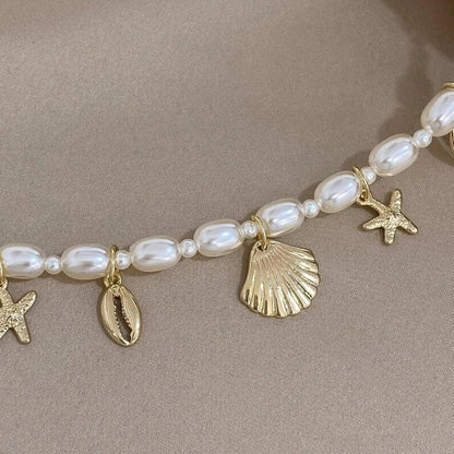 Shell Ankle Bracelet Set for Women, Gold Boho Bead Adjustable Anklet, Hawaiian Beach Seashell Pearl Heart Starfish Conch Foot