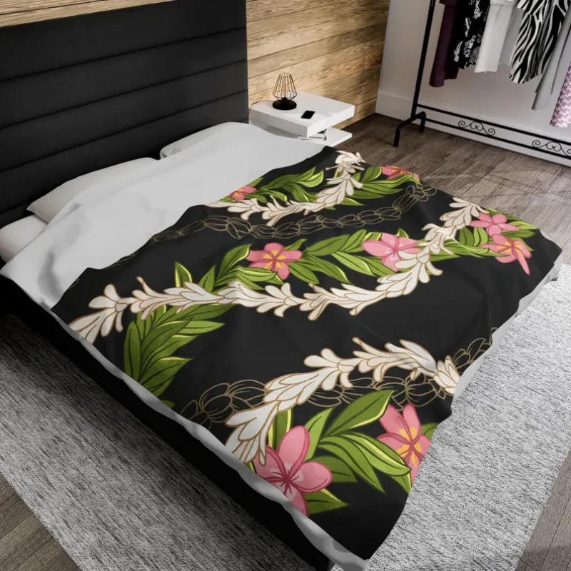 Hawaiian Plumeria Garland Floral Blanket - Flat Velvet, Hawaiian Throw, Soft Floral Blanket, Hawaiian Series