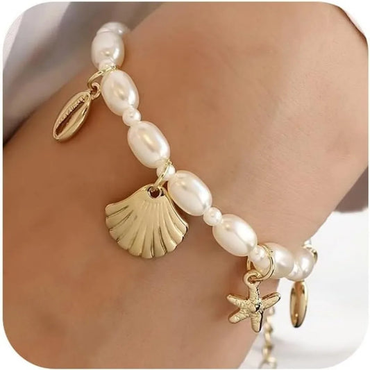 Shell Ankle Bracelet Set for Women, Gold Boho Bead Adjustable Anklet, Hawaiian Beach Seashell Pearl Heart Starfish Conch Foot