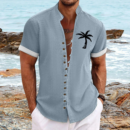 2025 Summer New Hawaiian Men'S Shirt 3d Printed Coconut Tree Breathable Four Sided Elastic Short Sleeve Shirt Retro Button Top