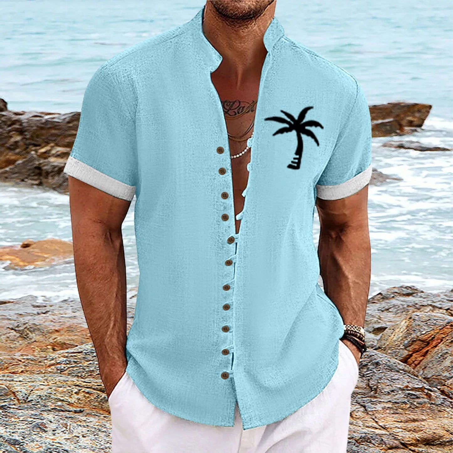 2025 Summer New Hawaiian Men'S Shirt 3d Printed Coconut Tree Breathable Four Sided Elastic Short Sleeve Shirt Retro Button Top
