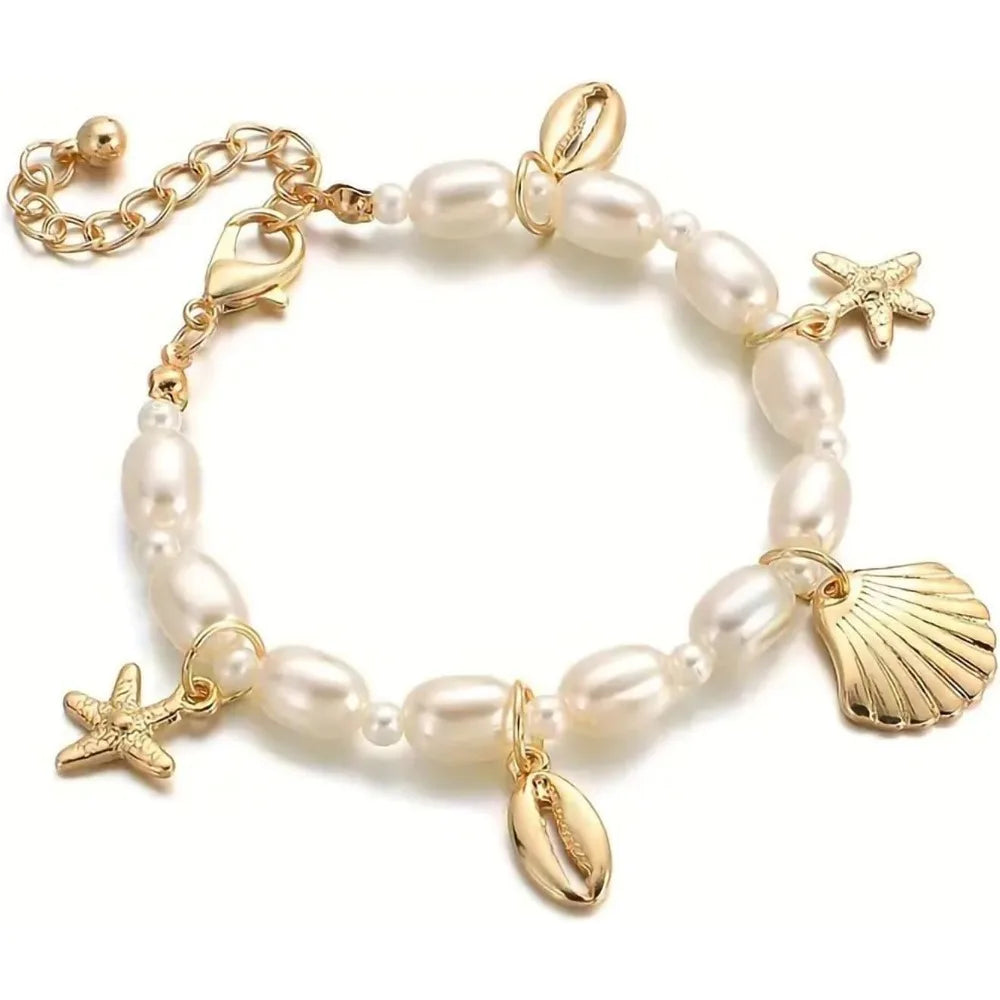 Shell Ankle Bracelet Set for Women, Gold Boho Bead Adjustable Anklet, Hawaiian Beach Seashell Pearl Heart Starfish Conch Foot