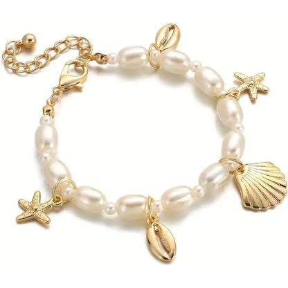 Shell Ankle Bracelet Set for Women, Gold Boho Bead Adjustable Anklet, Hawaiian Beach Seashell Pearl Heart Starfish Conch Foot