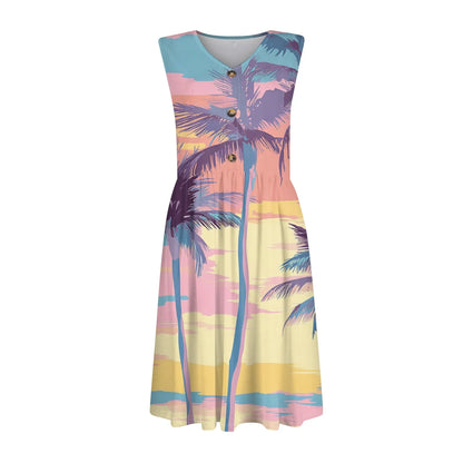 2025 Hawaiian Women's Dresses Cocoanut Tree Print Midi Dresses Vacation Female Sleeveless Dress Fashion Summer V-neck Vestidos