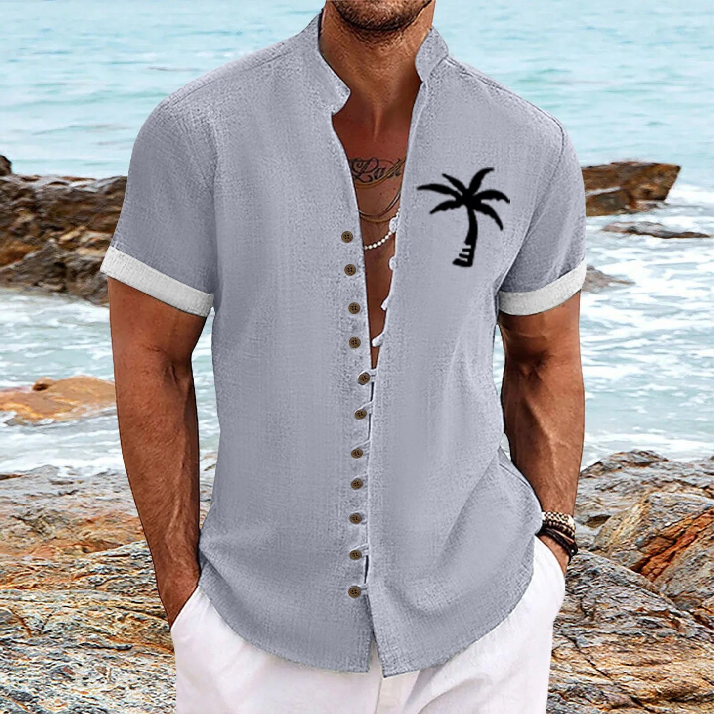 2025 Summer New Hawaiian Men'S Shirt 3d Printed Coconut Tree Breathable Four Sided Elastic Short Sleeve Shirt Retro Button Top